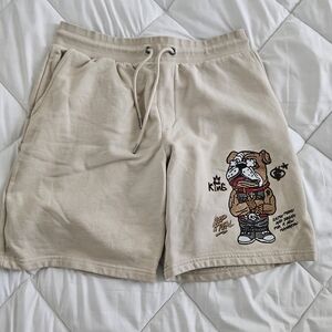 Graphic Bulldog Drawstring Men's Shorts in Light Beige